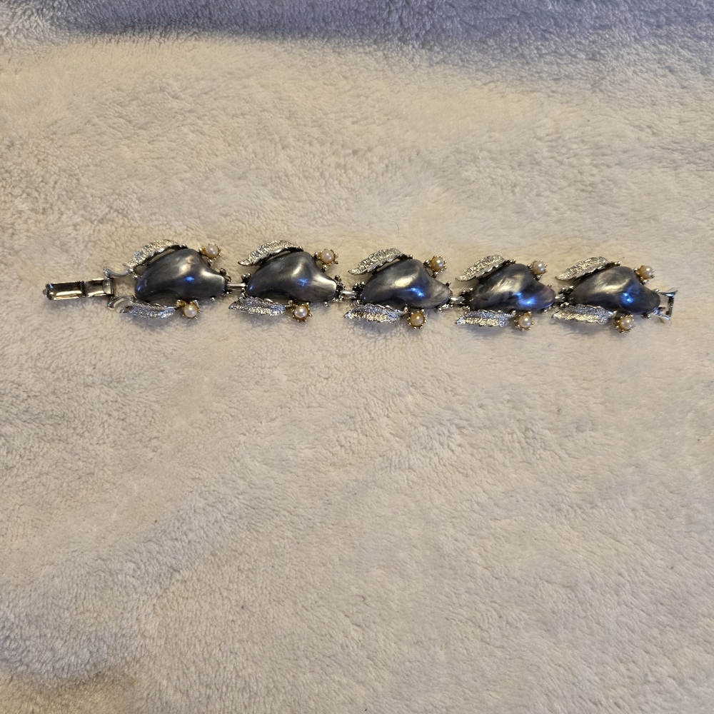 Vintage Coro Gray Moonglow & Faux Pearl Silver Tone Bracelet Signed 1960's